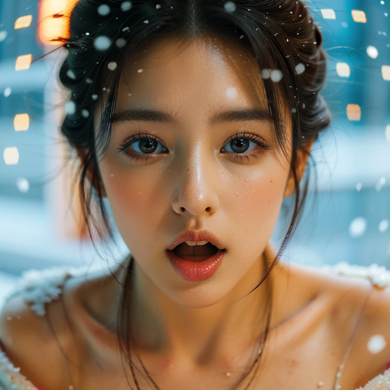 ExtremelyDetailed Kawaii girl Face (Close-up KissableTongue (Kissing to Camera)) glossy lips with beautiful details, extremely delicate and beautiful (TopQuality Masterpiece of 8K Ultra-detailed(ProfessionalPhoto:1.37)), {Amazing|finely detail|official art|incredibly absurdres} (close-up:1.22), fish eye lens (wide lens) macro lens, Detailed reflective Eyes with (sparkling highlights:1.28) Detailed(Voluminous LongEyelashes:0.88), {from Above|Visible Uvula|String of saliva drip}, (Off shoulder:1.32), (snow on tongue:1.28) snow particles 
