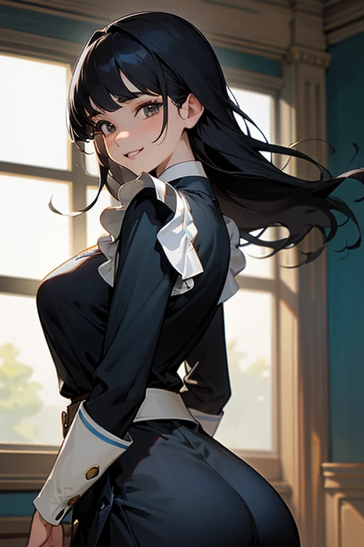 (Highest Resolution, clear_image) Highest quality, single, One Woman, alone, masterpiece, Very detailed, Semi-realistic, Black Hairのショートヘア, Black Hair, bangs, 18-year-old, mature, light blue uniform, uniform, Indoor Background, kind, Authoritative, Powerful, exquisite features, exquisite features、Eyelashes become longer、Showing teeth、smile😀、Maid clothes、reference、Put your hands on your hippie skirt、Upward glance、Boom in the ass、