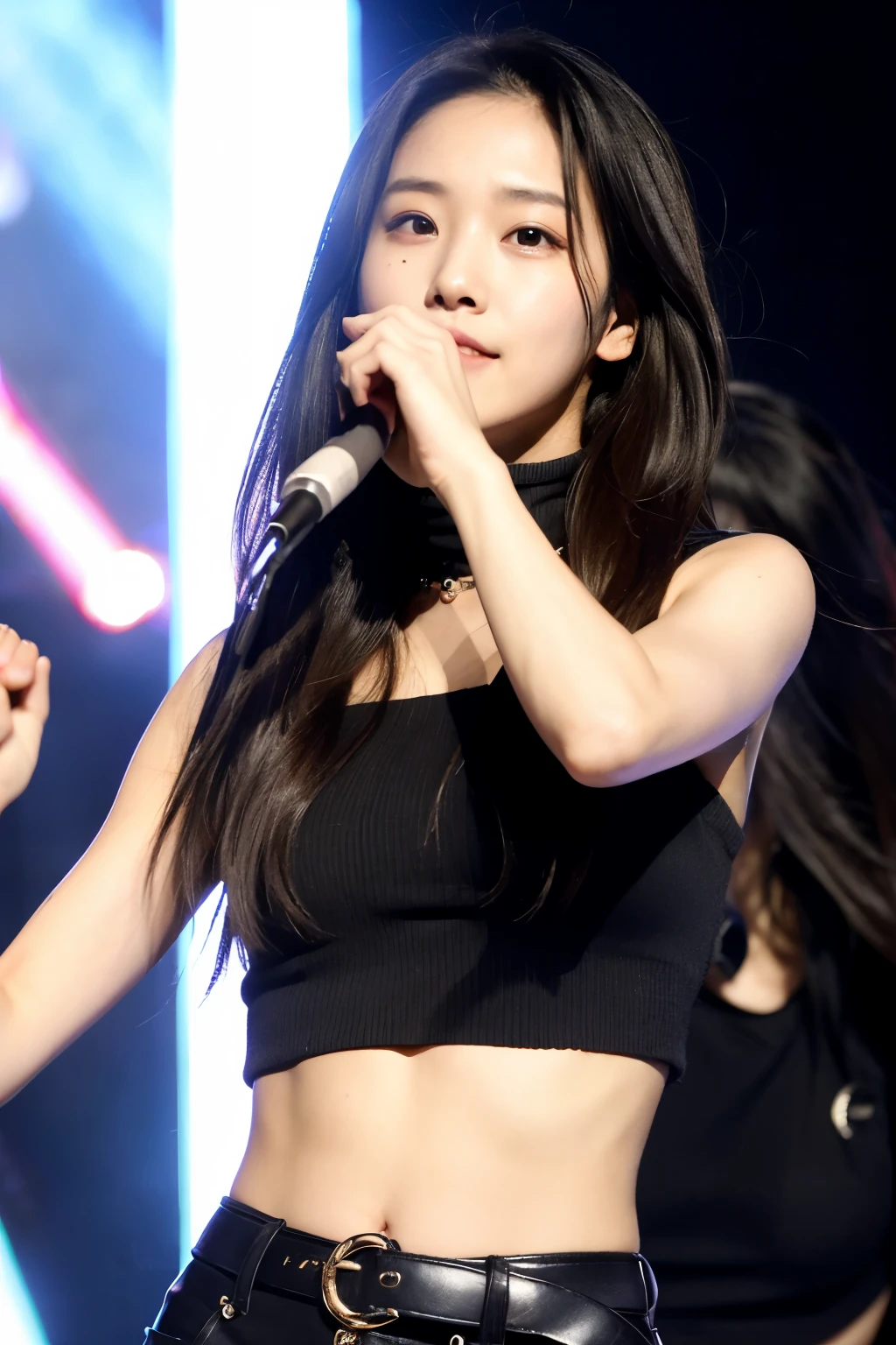 ((Hana))is a beautiful Korean girl with long, sleek black hair, often styled in soft waves for performances. Her eyes are large and dark brown, always accentuated with smoky makeup that highlights her intense gaze. Her skin is fair with a slight rosy hue. Standing at 1.65 meters, she has a slender and athletic build. Hana is known for her warm smile and dynamic facial expressions during performances,19years ils ,outfit cargo and crop top