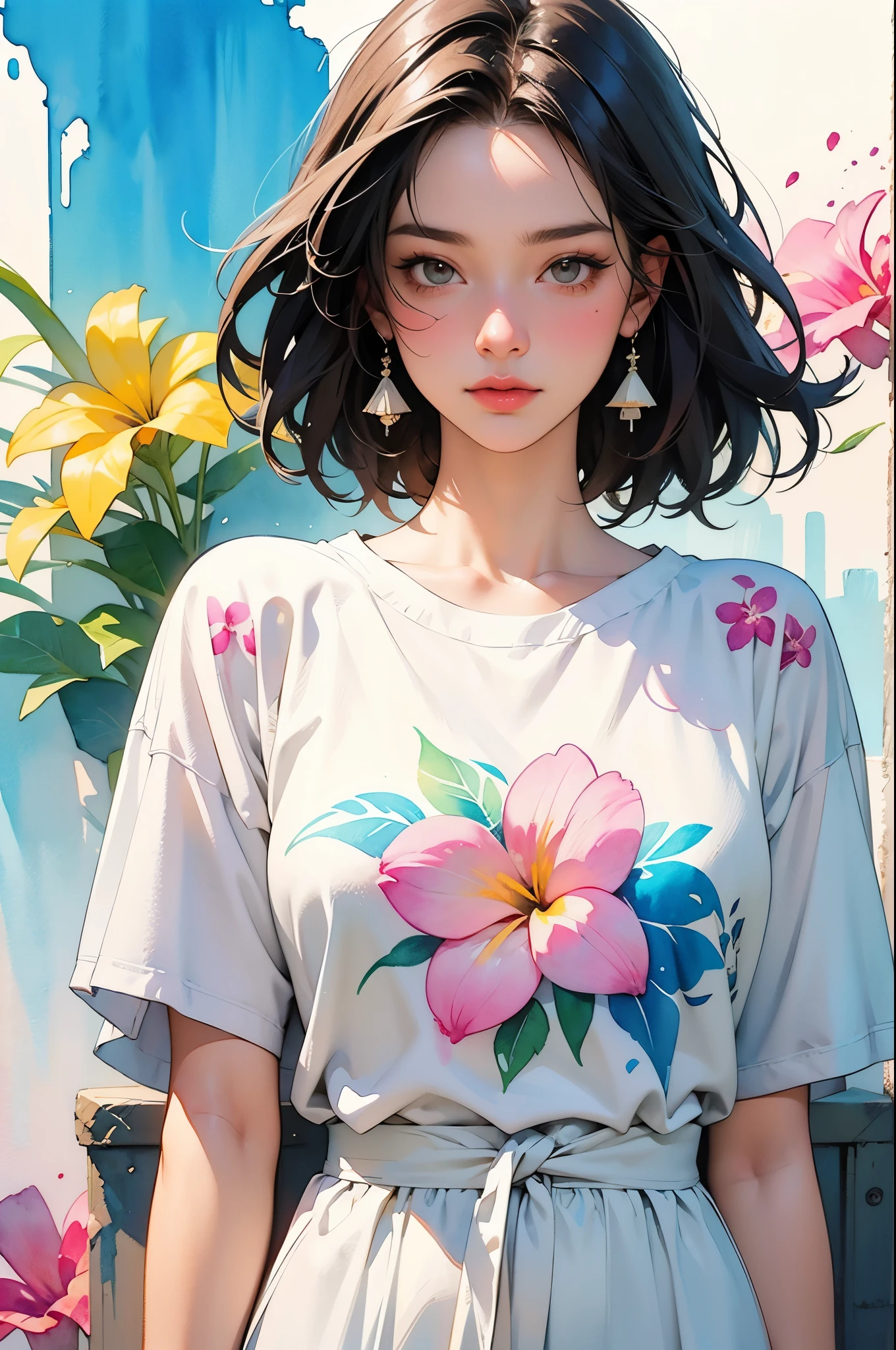 a Plumeria painting with a splatter background and spray paint effect, by Eugeniusz Zak, t-shirt, upper body centered, watercolor art, by Károly Lotz, watercolor painting, watercolor painting style, watercolor detailed art, by Reuben Tam, watercolor digital painting, watercolor paint, masterfully detailed watercolor, watercolor art, Greg Rutkowski