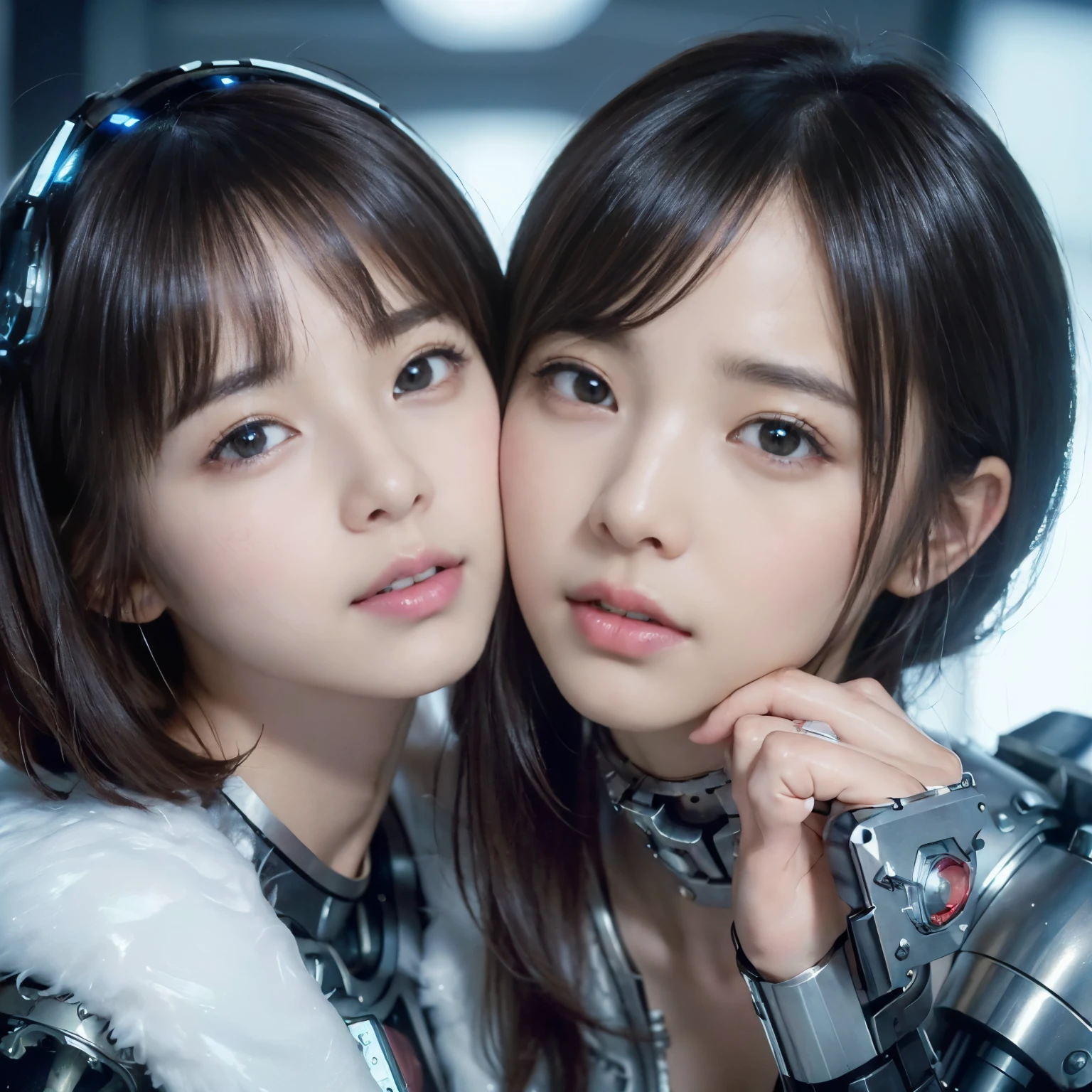 NSFW,((top-quality、8K、tmasterpiece:1.3))Wearing a silver-white mech,Girl with delicate face,The highest image quality,ultraclear,The facial features are delicate and clear,Armageddon,machine arm,exquisitedetails,(Camel Tou)、Mechanical pattern,cyber punk perssonage、Cyber City、the number、Century、thrones、()