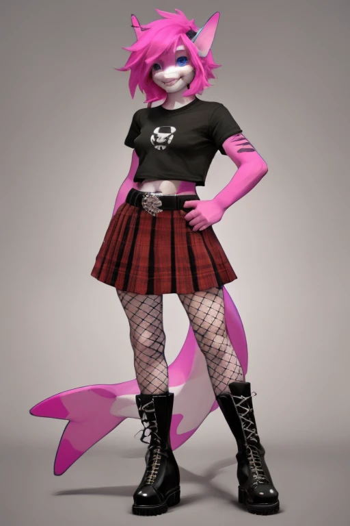 female, black and pink spiky hair, blue eyes, blue skin, (((1girl))), (((black cropped t-shirt))), (red plaid skirt), (black studded belt), (fishnet shirt), (black punk boots), cute and sexy, full body, modest breasts, big butt, long legs, smiling, shark tail