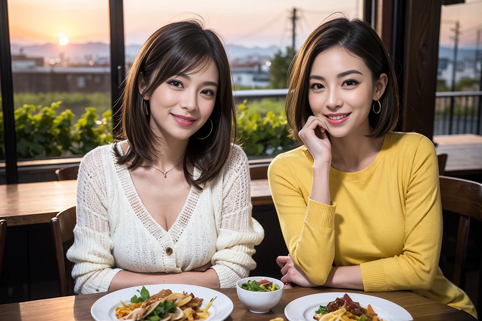 (Realistic:1.1),(masterpiece,Highest quality),8k,(58 years old), 53 years old, ベリーslimボディ、slimカップル、Tight waist,Upper Body,full-course dinner、wine 、Amazing view of the sunset sky and clouds、Perfect Anatomy, Brown Hair, short hair,Random Hairstyles,((Highly detailed face and eyes:1.2)),Perfect golden ratio face,Long sleeve shirt、dress,(smile:1.2)、Shortcuts、cute、(Realistic, Intricate details:1.2), A bright smile、short hair,Bright Face、赤wine 、Appetizers、Italian food、wine bottle、Champagne、スパークリングwine、(slimな顔), (The body is slim), (Brown Hair), (Shortcuts), Upper Body, 白wine, slim, wineグラス,