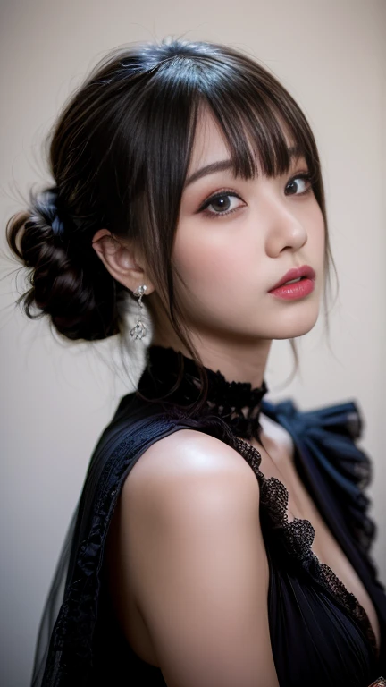 Generated in SFW, (1 female:1.37), Above the knee shot, (From the side:1.21), Japanese women, 17 year old supermodel, Skinny body, (very small head), (Very small face), (Perfect Anatomy:1.37), Anatomically correct body shape, Golden Ratio, (Highest quality:1.4), 32K resolution, (Realistic:1.5), (超Realistic:1.5), High resolution UHD, (masterpiece:1.2)), (Improvement of quality:1.4), (Very beautiful facial details), (Highest qualityのリアルな質感の肌:1.4), black gothic dress、 Big earrings, necklace, (Show me your side boob:1.1), ((No background:1.15)), Accurate Fingers, Very detailed, Symmetrical eyes, Thin lashes, Sharpen your eyebrows, ((Very detailedな人物写真)), Emphasizes bust top, Red cheeks, Ultra-realistic eyes, Perfect Lips, Perfect Eyes, Perfect Iris, Natural Makeup, [Pink lipstick], ((A great eye for quality:1.2)), (tired, Sleepy and satisfied:0.0), (Beautiful Lips:1.33), (Great nose:1.2),  Tight waist, (Slim lower body), Black Hair, (bangs:1.37), ((Realistic)), ((Sharp focus)), (Highest Resolution), ((The most ridiculous quality)), ((masterpiece)), Professional Cinema Lighting,Gothic Lolita Costume