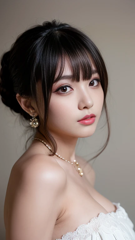 Generated in SFW, (1 female:1.37), Above the knee shot, (From the side:1.21), Japanese women, 17 year old supermodel, Skinny body, (very small head), (Very small face), (Perfect Anatomy:1.37), Anatomically correct body shape, Golden Ratio, (Highest quality:1.4), 32K resolution, (Realistic:1.5), (超Realistic:1.5), High resolution UHD, (masterpiece:1.2)), (Improvement of quality:1.4), (Very beautiful facial details), (Highest qualityのリアルな質感の肌:1.4), black gothic dress、 Big earrings, necklace, (Show me your side boob:1.1), ((No background:1.15)), Accurate Fingers, Very detailed, Symmetrical eyes, Thin lashes, Sharpen your eyebrows, ((Very detailedな人物写真)), Emphasizes bust top, Red cheeks, Ultra-realistic eyes, Perfect Lips, Perfect Eyes, Perfect Iris, Natural Makeup, [Pink lipstick], ((A great eye for quality:1.2)), (tired, Sleepy and satisfied:0.0), (Beautiful Lips:1.33), (Great nose:1.2),  Tight waist, (Slim lower body), Black Hair, (bangs:1.37), ((Realistic)), ((Sharp focus)), (Highest Resolution), ((The most ridiculous quality)), ((masterpiece)), Professional Cinema Lighting,Gothic Lolita Costume