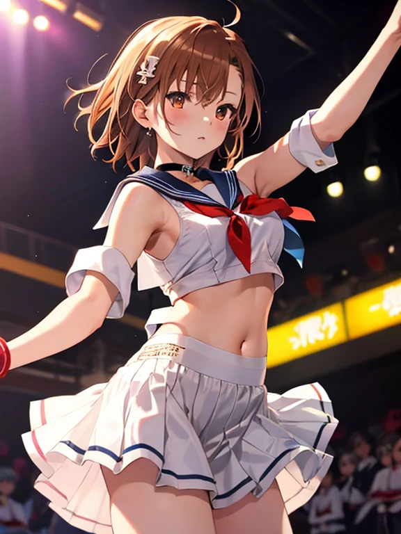 Low Angle Shot, Sailor suit:1.5, (Dancer:1.5), Misaka Mikoto, One girl, Black choker, 超High resolution, retina, masterpiece, Accurate, Anatomically correct, Textured skin, Super Detail, Attention to detail, high quality, 最high quality, High resolution, 4K