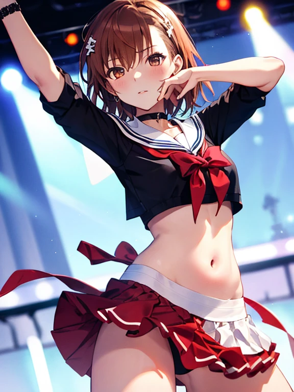 Low Angle Shot, Sailor suit:1.5, (Dancer:1.5), Misaka Mikoto, One girl, Black choker, 超High resolution, retina, masterpiece, Accurate, Anatomically correct, Textured skin, Super Detail, Attention to detail, high quality, 最high quality, High resolution, 4K