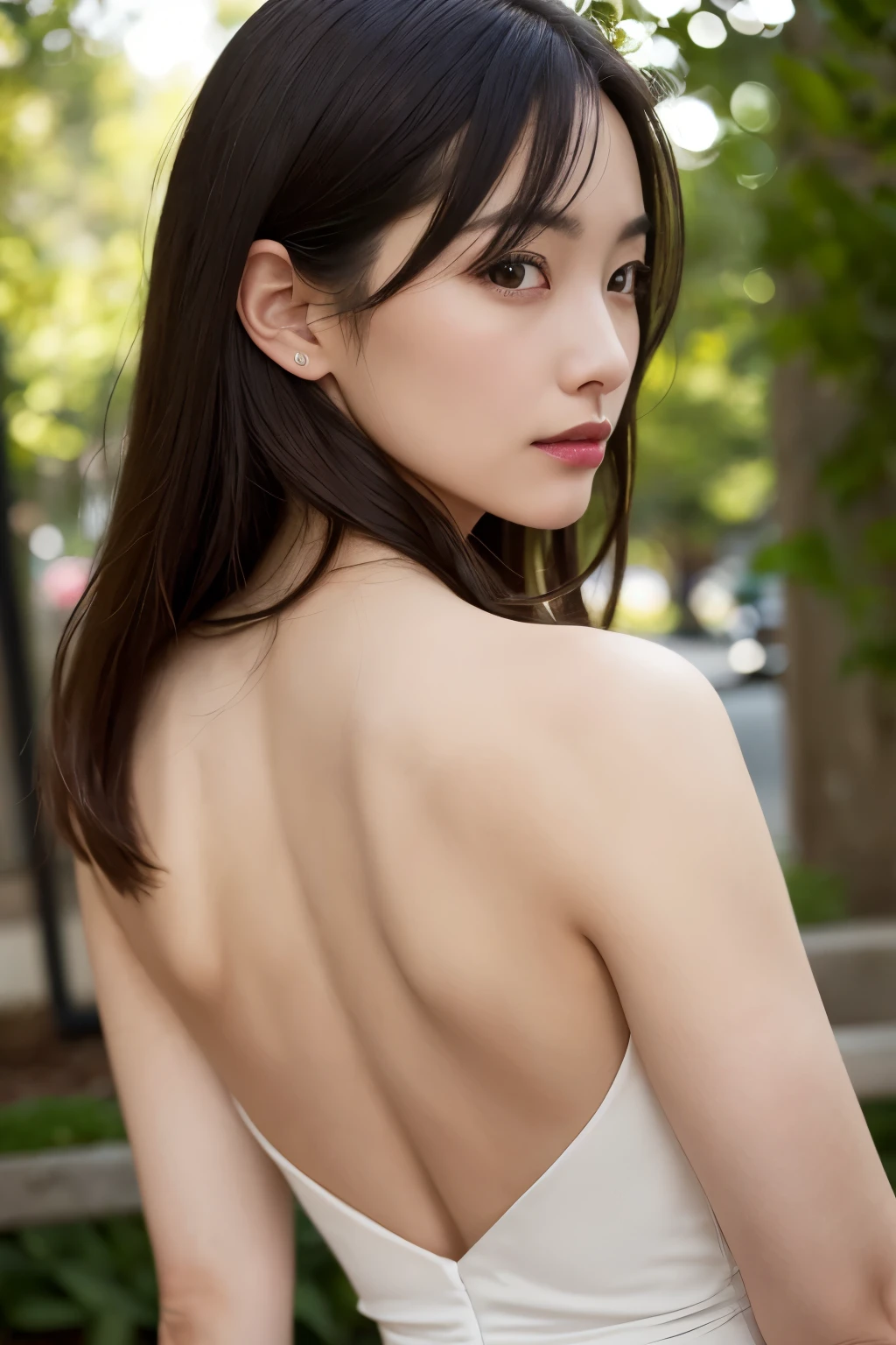 One girl, Mature Woman, photograph, Realistic, Highest quality, Detailed face, Detailed Background, Diffused sunlight, Depth of written boundary, sexy, dress, back