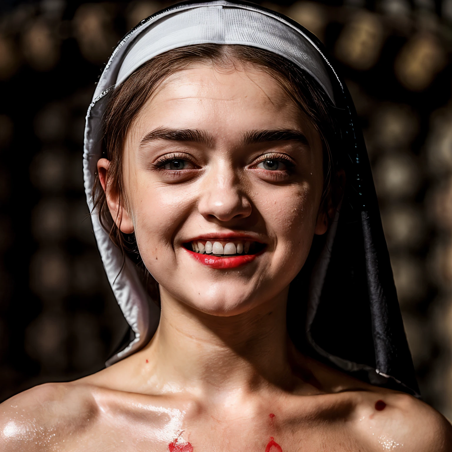 (best quality:10k, high res, masterpiece:1.2), ultra-detailed, ((photo-realistic:1.37)), ((best quality)), ((masterpiece)), (detailed), ((full body)), ((20-year-old Maisie Williams)), ((young novice nun)), ((crazy psychotic killer too wide grin)), ((blood red lips)), ((mad crazy psycho)), ((wide round crazed eyes)), ((full head nun's wimple)), ((in the dark damp underground catacombs)), ((Dynamic viewpoint)), ((hair tied back and completely hidden under a full had nun's wimple)), ((NSFW)), ((dynamic lighting and colour)), ((naked vagina on display)), ((ultra shiny well oiled sweaty skin)), ((fully naked))