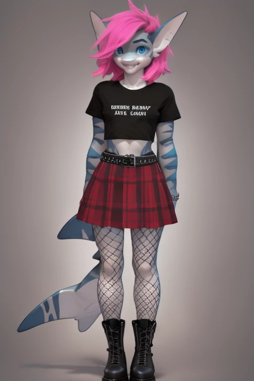 female, black and pink spiky hair, blue eyes, pinj skin, mako shark, (((1girl))), (((black cropped t-shirt))), (red plaid skirt), (black studded belt), (fishnet shirt), (black punk boots), cute and sexy, full body, modest breasts, big butt, long legs, smiling, shark tail