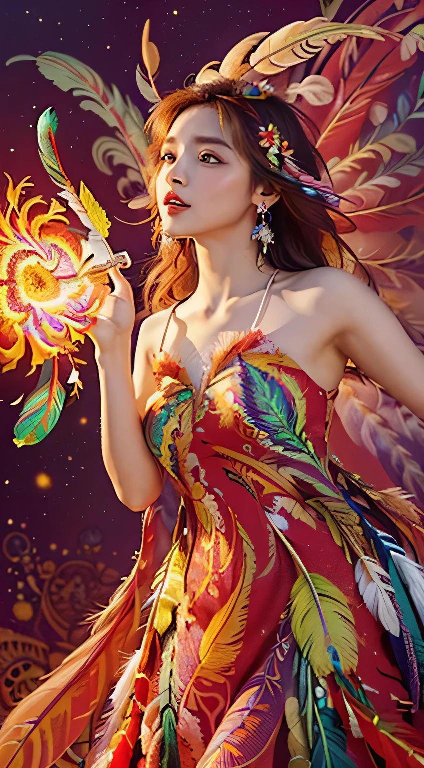 (masterpiece, top quality, best quality, official art, beautiful and aesthetic:1.2), (1girl:1.3), extremely detailed,(fractal art:1.1),(colorful:1.1)(flowers:1.3),highest detailed,(zentangle:1.2), (dynamic pose), (abstract background:1.3), (shiny skin), (many colors:1.4), ,(earrings), (feathers:1.5) , (Flamethrower:1.3),red background,Phoenix dress,