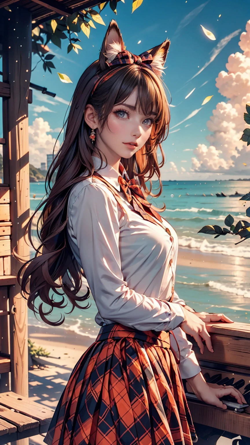 (One girl, size), (guitar alone), bubble skirt, aqua shirt, bow, bowtie, button, collared shirt, Expressionless, Eyebrows hidden by hair, fox mask, Cowboy Shot, Long Hair, Long sleeve, mask, multicolored button, Pink Eyes, Pink Hair, orange skirt, Plaid, Plaid shirt, purple bow, purple bowtie, shirt, skirt, alone, very Long Hair, Ocean, Ocean, Beach, cloudy, sunlight, evening, moon, cloud, null, Outdoor, cloudy null, leaf, Remains, Sunbeam, Post-apocalyptic, Side view