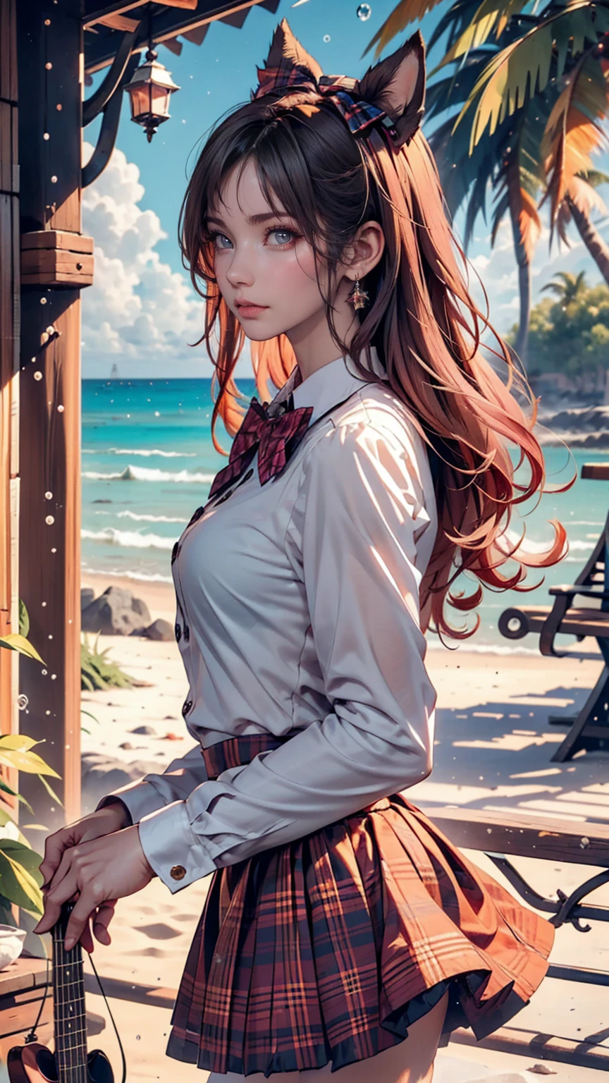 (One girl, size), (guitar alone), bubble skirt, aqua shirt, bow, bowtie, button, collared shirt, Expressionless, Eyebrows hidden by hair, fox mask, Cowboy Shot, Long Hair, Long sleeve, mask, multicolored button, Pink Eyes, Pink Hair, orange skirt, Plaid, Plaid shirt, purple bow, purple bowtie, shirt, skirt, alone, very Long Hair, Ocean, Ocean, Beach, cloudy, sunlight, evening, moon, cloud, null, Outdoor, cloudy null, leaf, Remains, Sunbeam, Post-apocalyptic, Side view