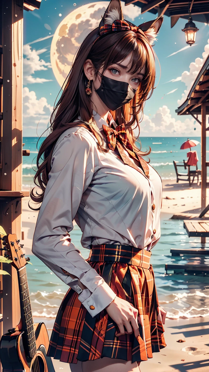 (One girl, size), (guitar alone), bubble skirt, aqua shirt, bow, bowtie, button, collared shirt, Expressionless, Eyebrows hidden by hair, fox mask, Cowboy Shot, Long Hair, Long sleeve, mask, multicolored button, Pink Eyes, Pink Hair, orange skirt, Plaid, Plaid shirt, purple bow, purple bowtie, shirt, skirt, alone, very Long Hair, Ocean, Ocean, Beach, cloudy, sunlight, evening, moon, cloud, null, Outdoor, cloudy null, leaf, Remains, Sunbeam, Post-apocalyptic, Side view