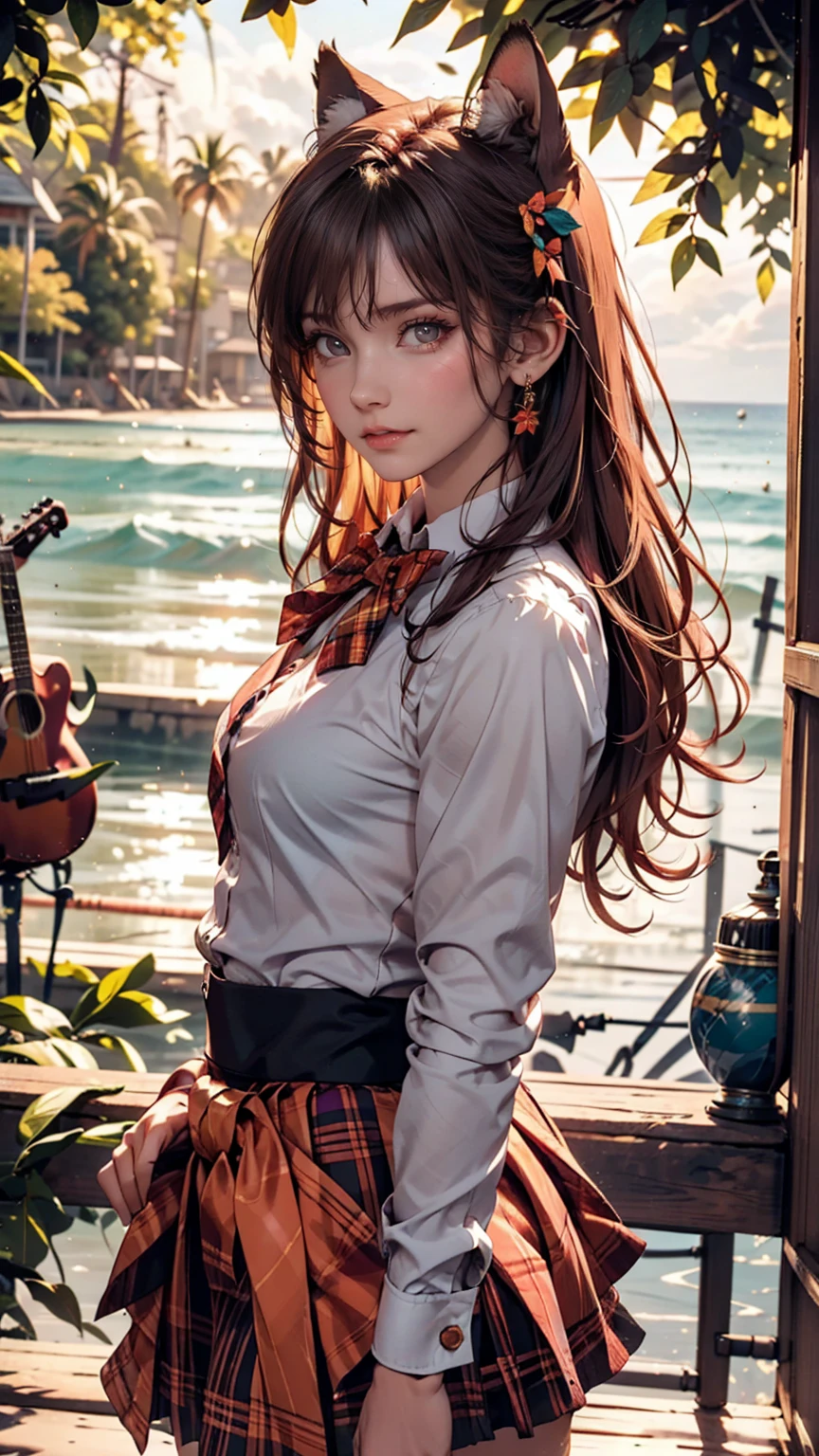 (One girl, size), (guitar alone), bubble skirt, aqua shirt, bow, bowtie, button, collared shirt, Expressionless, Eyebrows hidden by hair, fox mask, Cowboy Shot, Long Hair, Long sleeve, mask, multicolored button, Pink Eyes, Pink Hair, orange skirt, Plaid, Plaid shirt, purple bow, purple bowtie, shirt, skirt, alone, very Long Hair, Ocean, Ocean, Beach, cloudy, sunlight, evening, moon, cloud, null, Outdoor, cloudy null, leaf, Remains, Sunbeam, Post-apocalyptic, Side view