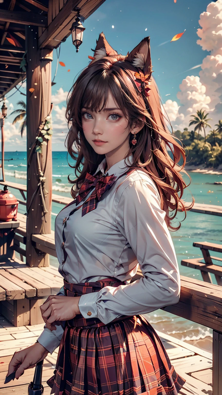 (One girl, size), (guitar alone), bubble skirt, aqua shirt, bow, bowtie, button, collared shirt, Expressionless, Eyebrows hidden by hair, fox mask, Cowboy Shot, Long Hair, Long sleeve, mask, multicolored button, Pink Eyes, Pink Hair, orange skirt, Plaid, Plaid shirt, purple bow, purple bowtie, shirt, skirt, alone, very Long Hair, Ocean, Ocean, Beach, cloudy, sunlight, evening, moon, cloud, null, Outdoor, cloudy null, leaf, Remains, Sunbeam, Post-apocalyptic, Side view