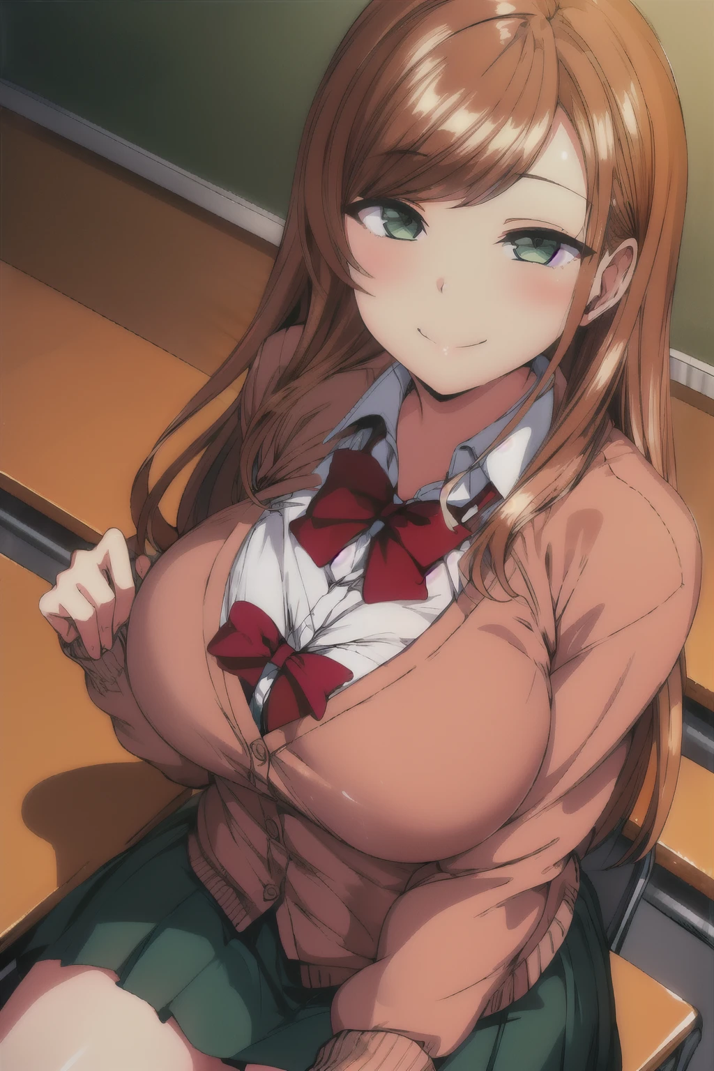 (masterpiece:1.0),(best_quality:1.0),ultra high res,absurdres,ultra-detailed,classroom,cowboy shot,smile,
sitting,
Minako-Sanada, 1girl,solo,long hair,large breasts,green eyes,, skirt, cardigan,red bow,