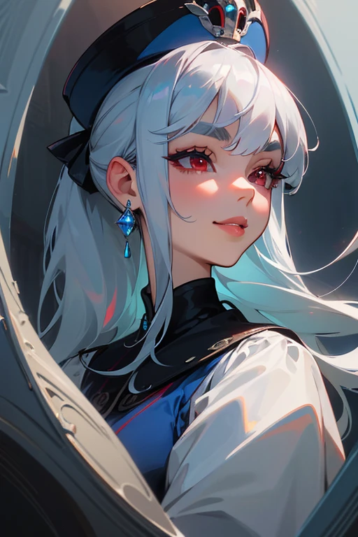 (Highest quality, masterpiece:1.2), High resolution, 最高masterpiece、Very detailed, Realistic:1.37, Fantasy, An illustration,Gray Hair、 Red eyes、Queen, Navy and blue dress、beautifully、Eyeshadow Red、Thick eyebrows、Long eyelashes、pupils are black、shiny on the lips、Top Sites、Queen、Princess、A kind smile、Show your teeth a little and smile、Soft impression、people々々々々々々々々々Loved by、Slimming the face、Shoulder Bare、ponytail、Kissing Face、Long white hair、Shaggy Bangs、Save face image、Cinderella Castle、(solo).(turn around)、