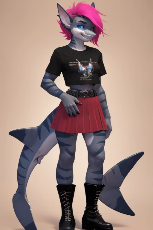 female, black and pink spiky hair, blue eyes, pink skin, mako shark, (((1girl))), (((black cropped t-shirt))), (red plaid skirt), (black studded belt), (fishnet shirt), (black punk boots), cute and sexy, full body, modest breasts, big butt, long legs, smiling, shark tail