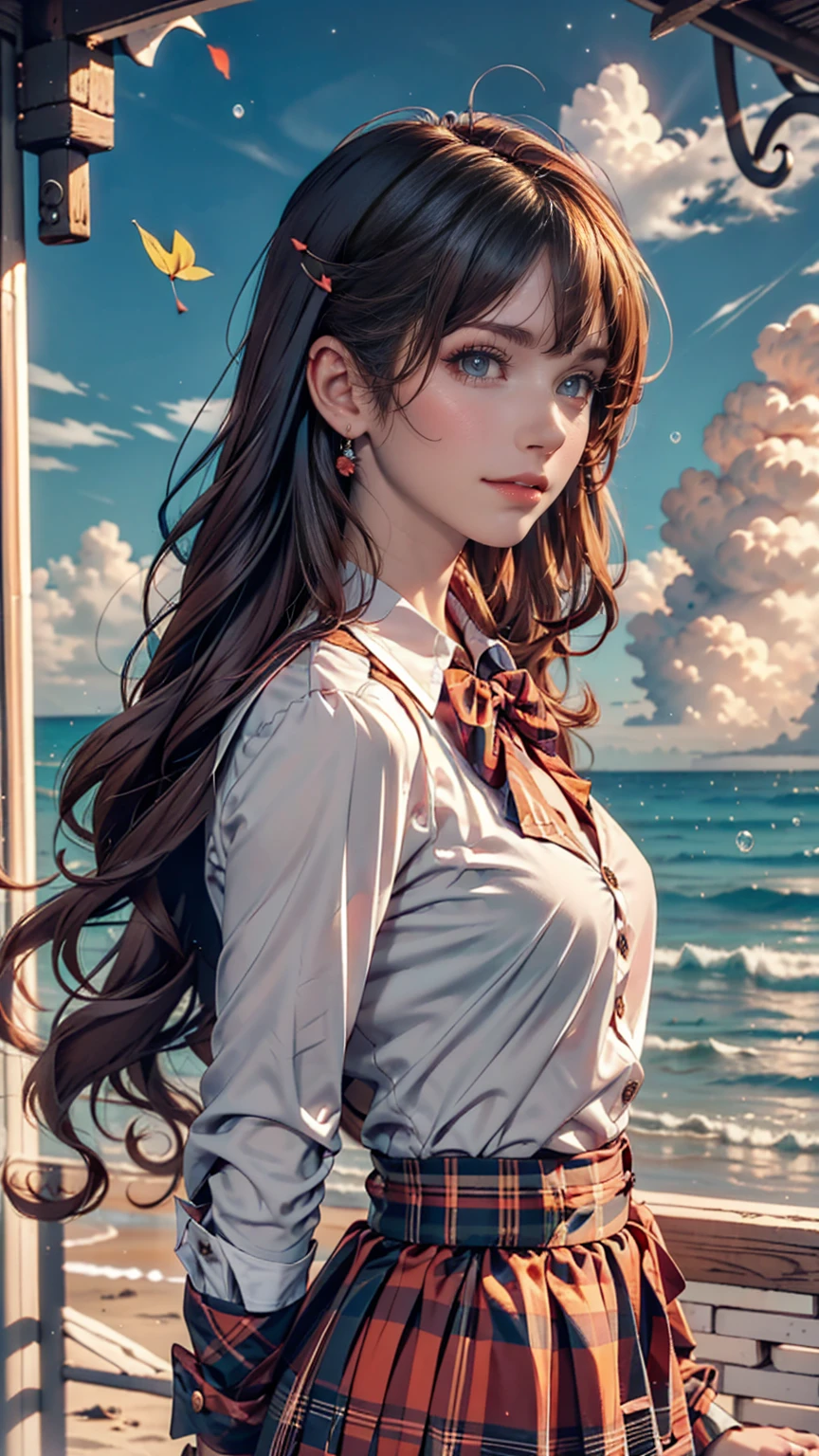 (One girl, size), (guitar alone), bubble skirt, aqua shirt, bow, bowtie, button, collared shirt, Expressionless, Eyebrows hidden by hair, fox mask, Cowboy Shot, Long Hair, Long sleeve, mask, multicolored button, Pink Eyes, Pink Hair, orange skirt, Plaid, Plaid shirt, purple bow, purple bowtie, shirt, skirt, alone, very Long Hair, Ocean, Ocean, Beach, cloudy, sunlight, evening, moon, cloud, null, Outdoor, cloudy null, leaf, Remains, Sunbeam, Post-apocalyptic, Side view