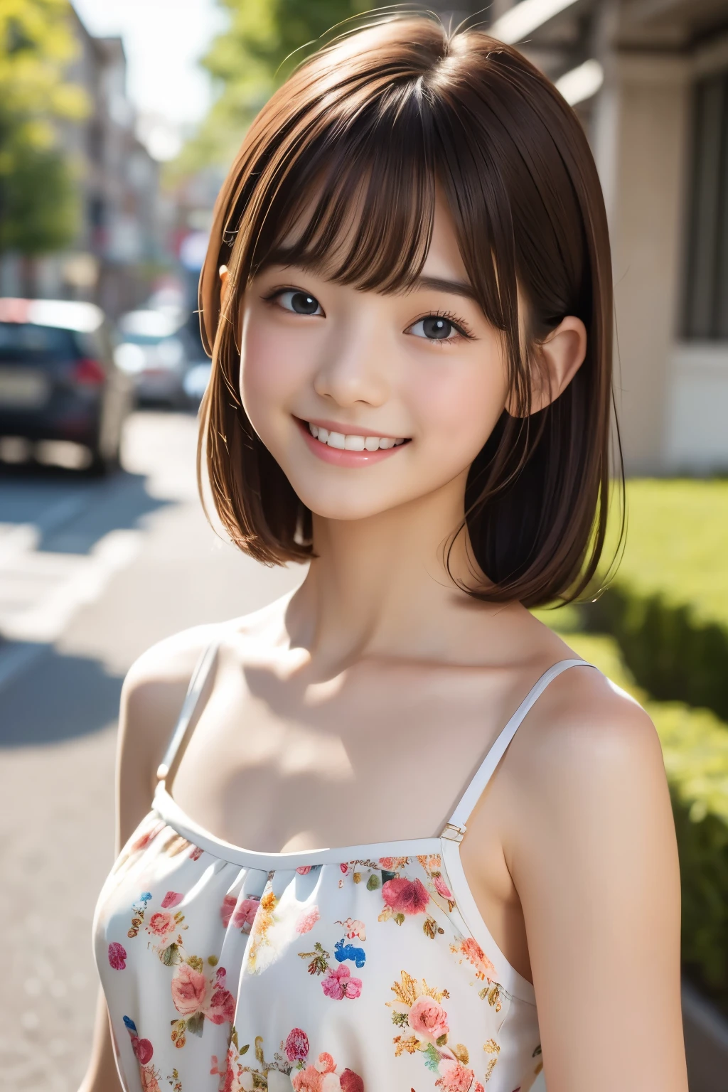 Highest quality,8k,High definition,Cute like a sister,19 years old,With bangs,,Smile,Brown Hair,Lob Hair,(Small breasts:1.3),Floral camisole,In town