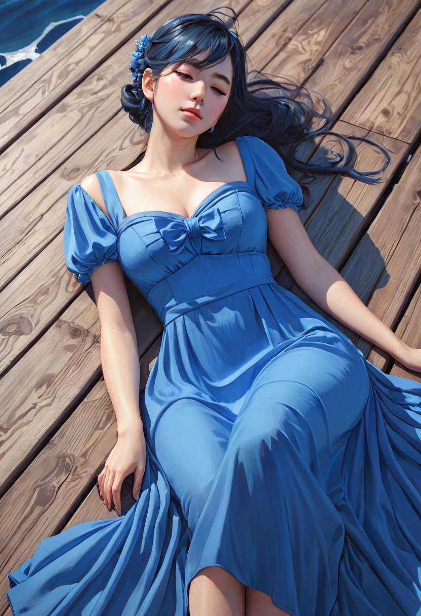 Anime-style image of a woman in a blue dress lying on a wooden deck, artstation pixivでトレンド, Top rated on pixiv, by Shimo, guweiz on pixiv artstation, Guweiz on ArtStation Pixiv, I deny that, , Pixiv 3DCG, Zerochan Art
