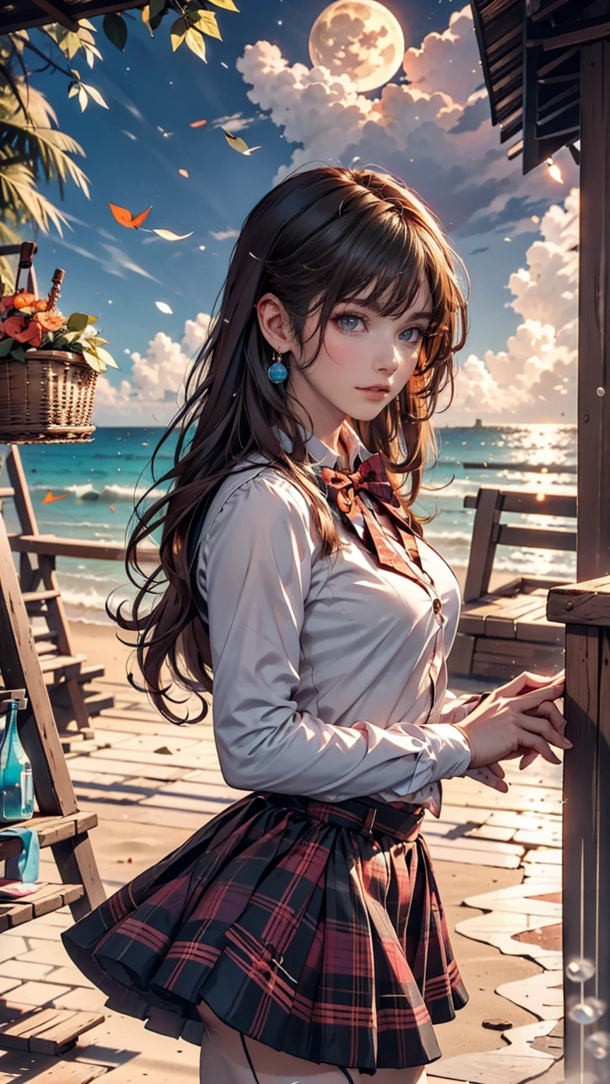 (One girl, size), (guitar alone), bubble skirt, aqua shirt, bow, bowtie, button, collared shirt, Expressionless, Eyebrows hidden by hair, fox mask, Cowboy Shot, Long Hair, Long sleeve, mask, multicolored button, Pink Eyes, Pink Hair, orange skirt, Plaid, Plaid shirt, purple bow, purple bowtie, shirt, skirt, alone, very Long Hair, Ocean, Ocean, Beach, cloudy, sunlight, evening, moon, cloud, null, Outdoor, cloudy null, leaf, Remains, Sunbeam, Post-apocalyptic, Side view