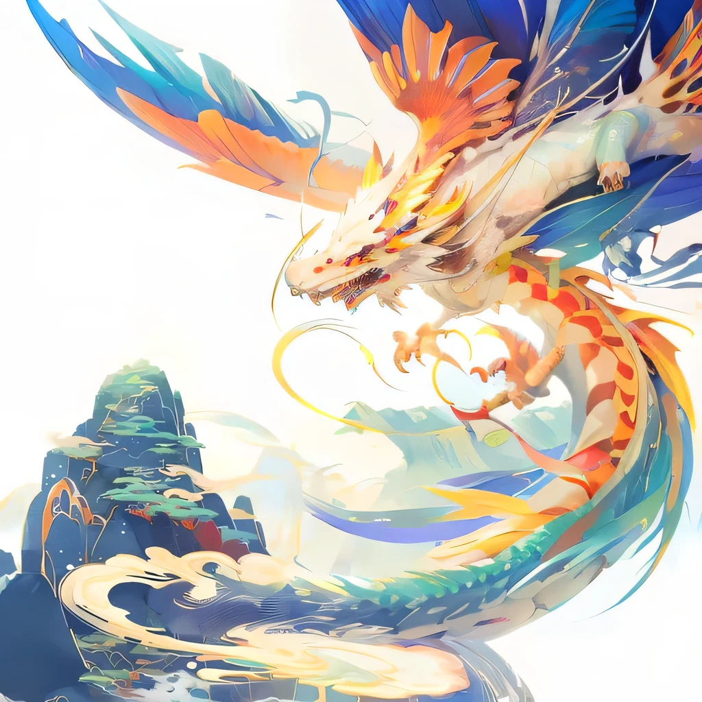 Brightly colored Chinese watercolor dragon flying over mountains with sky background, Dragon Art, Chinese ink dragon inspired, A beautiful artistic illustration, Colorful concept art