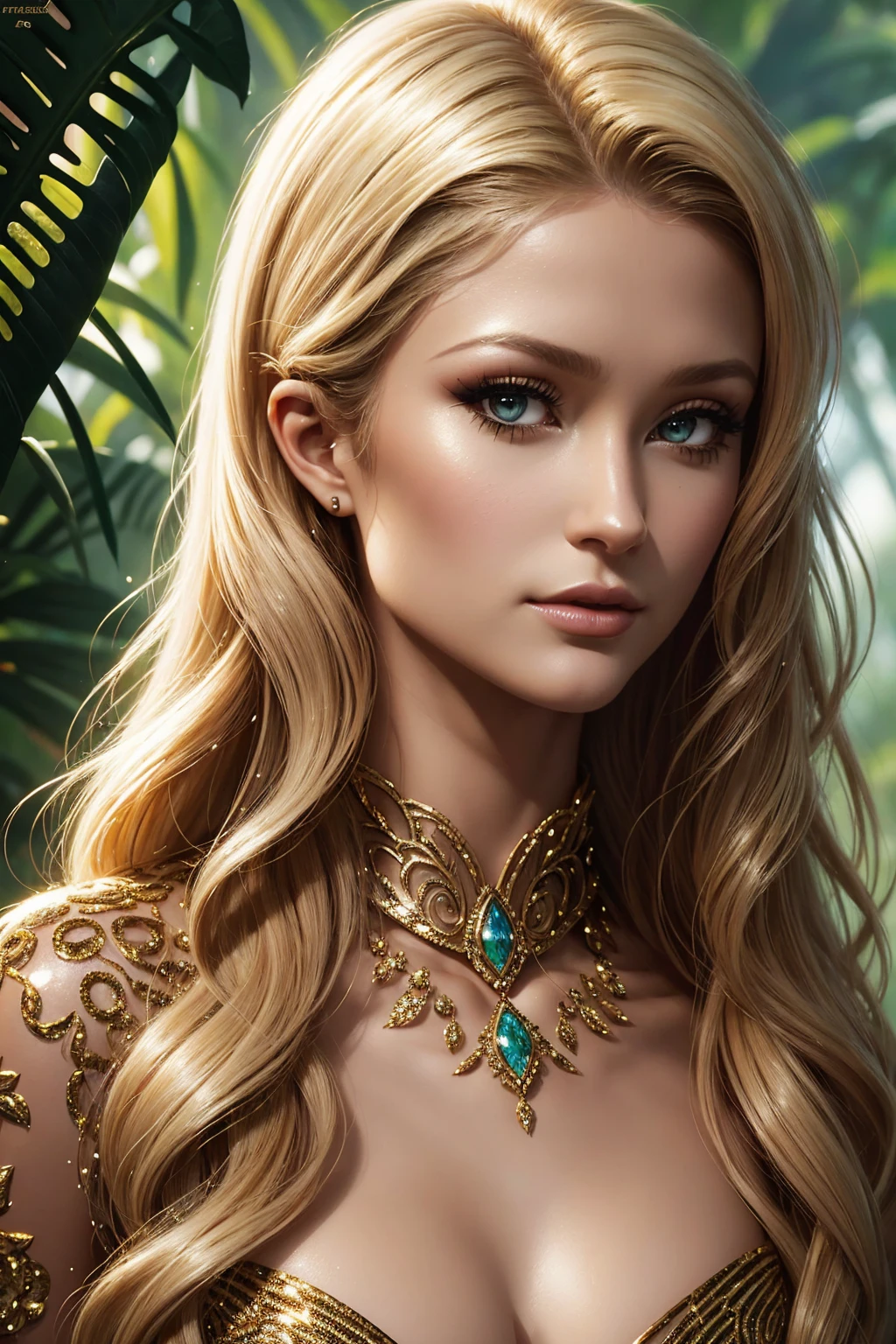 portrait Paris Hilton, wearing cheetah costume, against the background of the rainforest, character portrait, 4 3 9 0 s, wavy hair, intricate, elegant, highly detailed, digital painting, artstation, concept art, smooth, sharp focus, illustration, art by wlop, charlie bowater and alexandra fomina, 36k, glittering, shining, correct anatomy