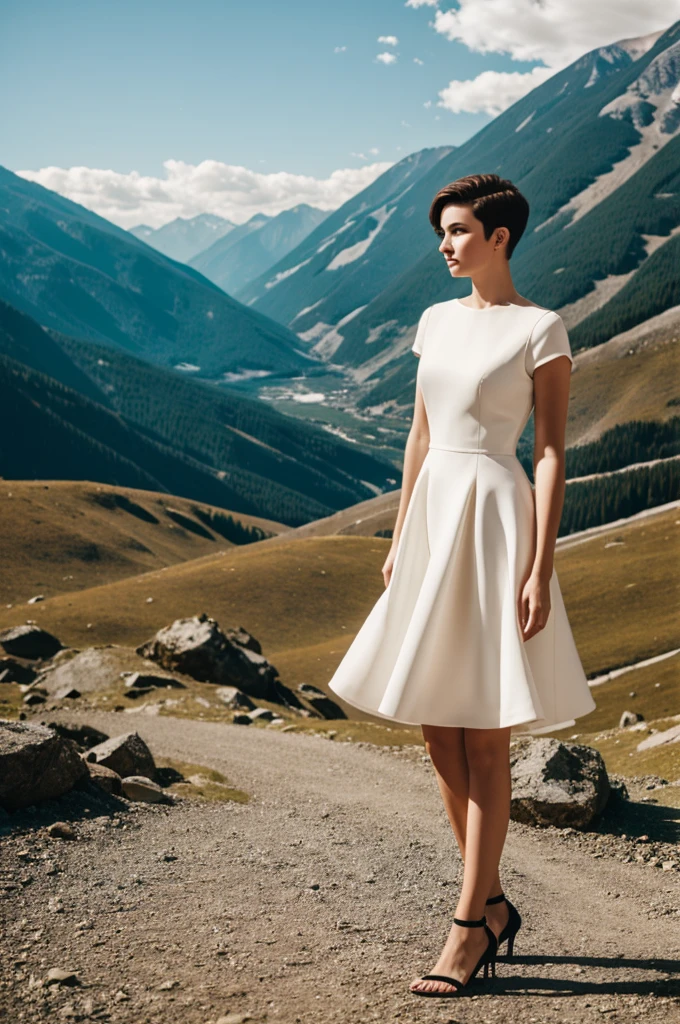 Elegant short-haired woman in the mountains