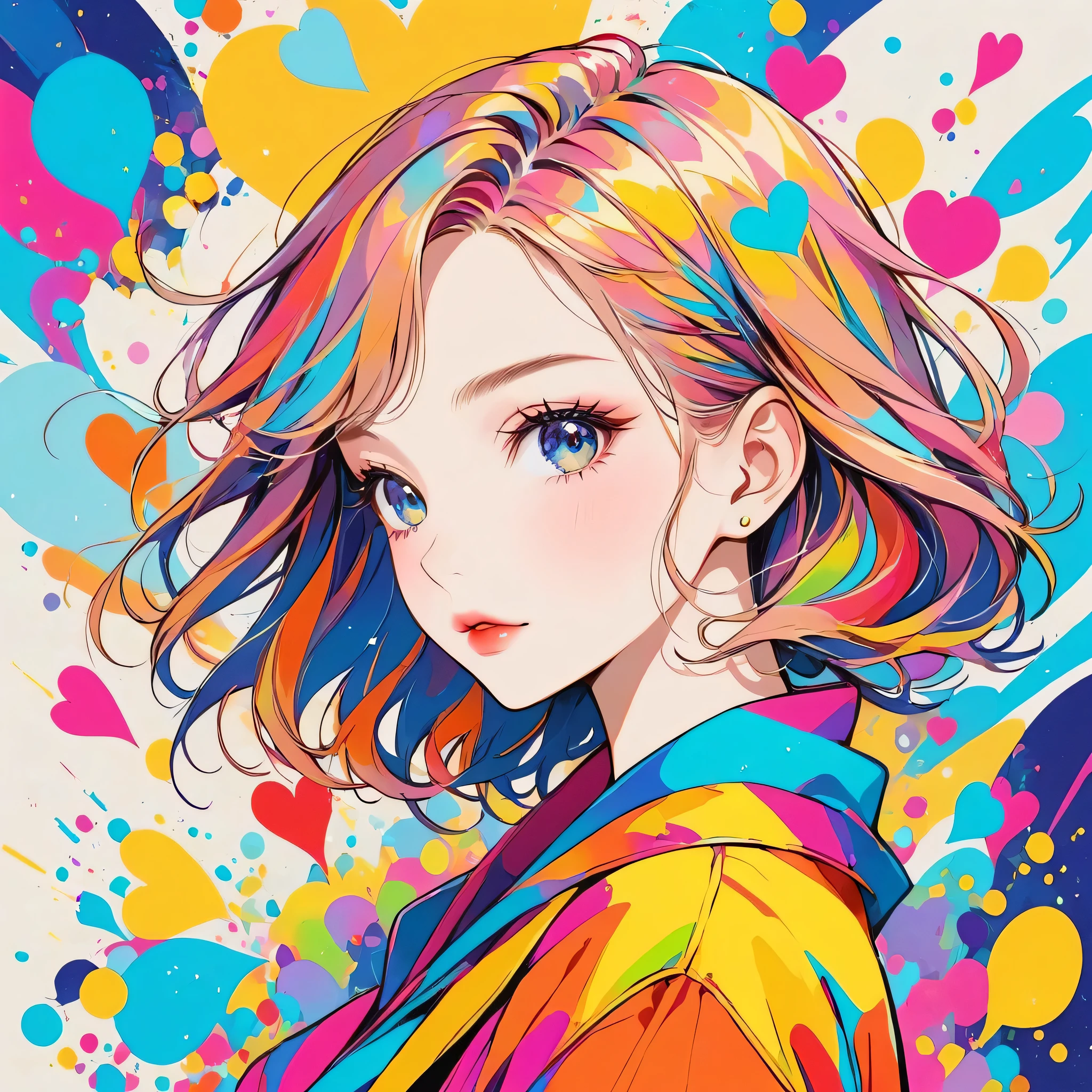 Mika Pikazo colorful style, Simple Line Initialism，Abstract art，Urban Background, (((The most beautiful girl of all time))), Sweet face. Lips in love, colorful hearts, stylish design