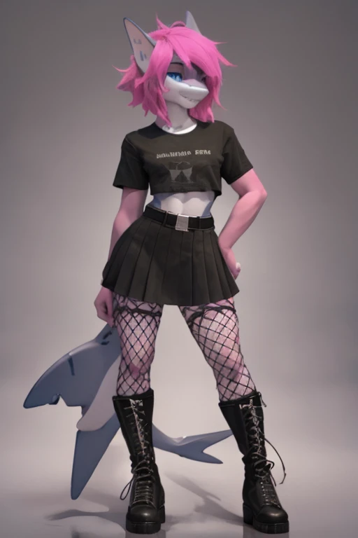 female, black and pink spiky hair, blue eyes, pink skin, mako shark, (((1girl))), (((black cropped t-shirt))), (red plaid skirt), (black studded belt), (fishnet shirt), (black punk boots), (fishnet stockings), cute and sexy, full body, modest breasts, big butt, long legs, smiling, shark tail