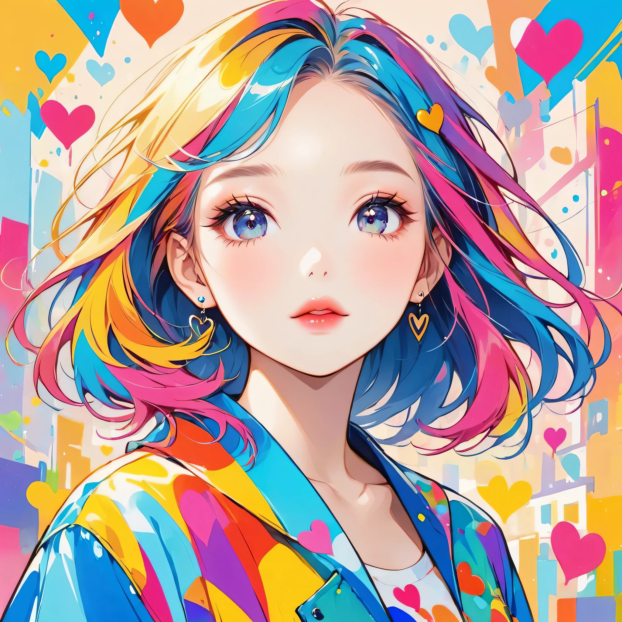 Mika Pikazo colorful style, Simple Line Initialism,Abstract art,Urban Background, (((The most beautiful girl of all time))), Sweet face. Lips in love, colorful hearts, stylish design