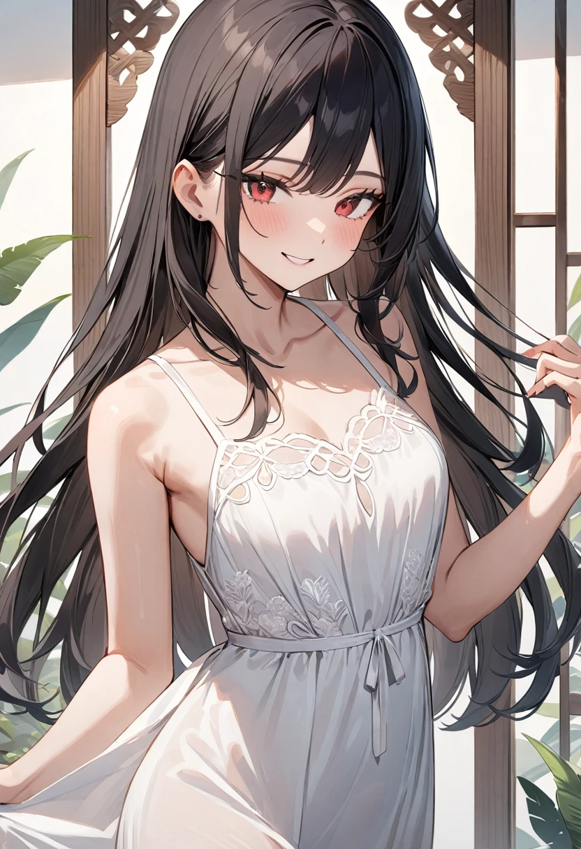 work of art, good quality, very aesthetic, proportional body, teenager, columbina /(:genshin impact:)/ long black hair with pink coming out just from the nape of the neck to the ends, thin braided low pigtails, white dress with spaghetti straps above the knees, plain brown cowboy boots, plain brown cowboy hat, pale skin, closed eyes, little smile, very small breasts, blurred background