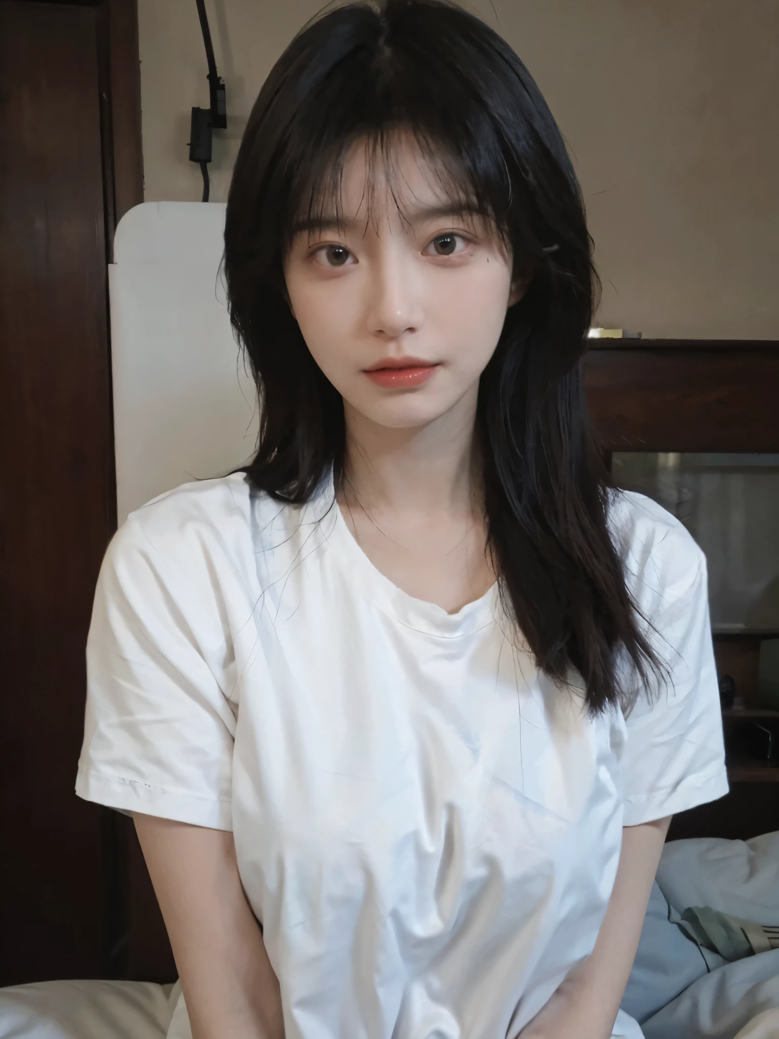 Best quality，masterpiece，Ultra-high resolution，(Photo Realism:1.4)，girl，Sexy，（shirt：1.2)，（Big breasts:1.3)，（Upper body:1.4）