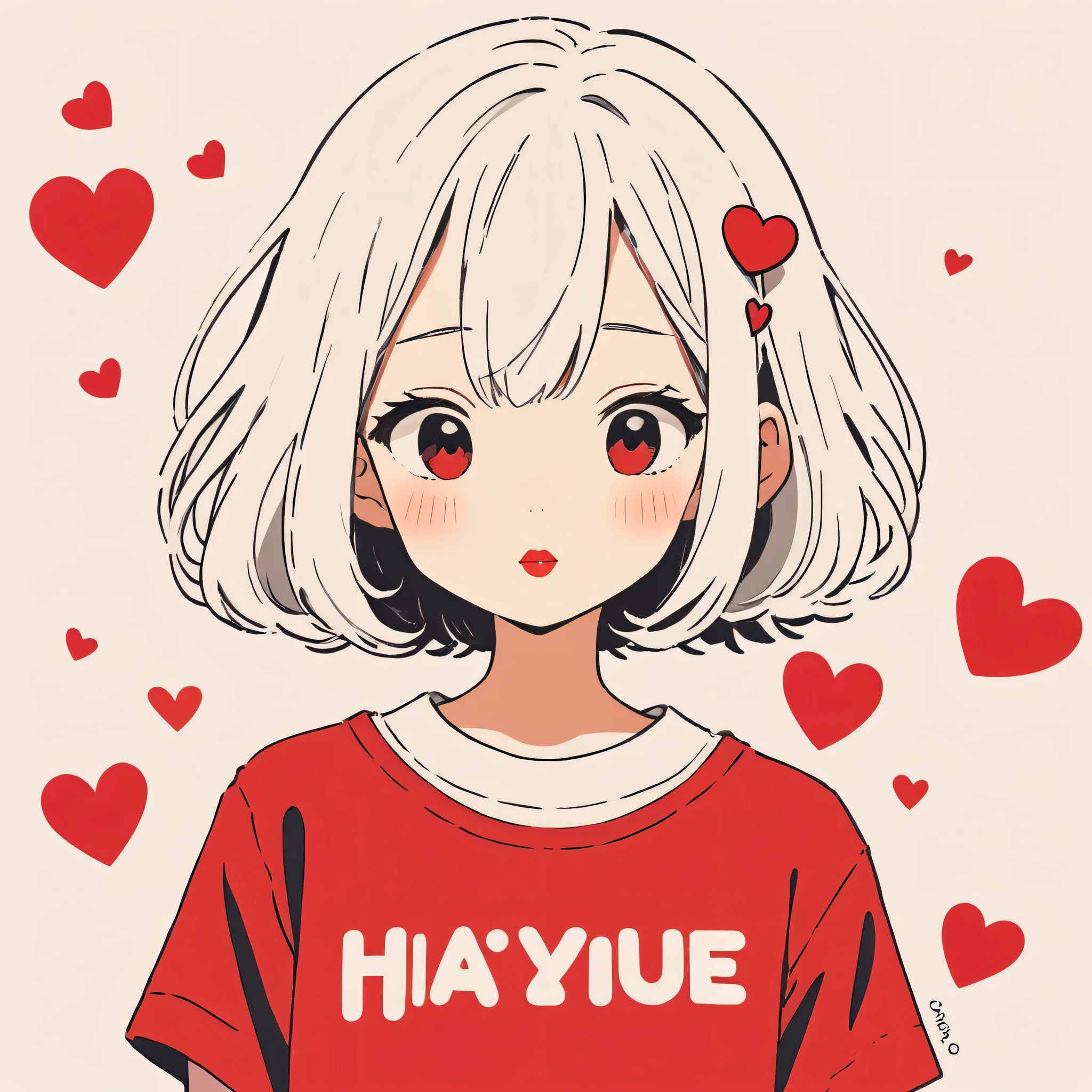 Hayao Miyazaki Red and White style, Simple Line Initialism，Abstract art，Urban Background, (((The most beautiful girl of all time))), Sweet face. Lips in love, colorful hearts, stylish design, 夏のオシャレなTシャツ, 黒い瞳