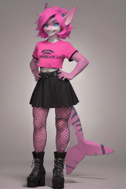 female, black and pink spiky hair, blue eyes, pink skin, mako shark, (((1girl))), (((black cropped t-shirt))), (red and pink plaid skirt), (black studded belt), (fishnet shirt), (black punk boots), (fishnet stockings), cute and sexy, full body, modest breasts, big butt, long legs, smiling, shark tail