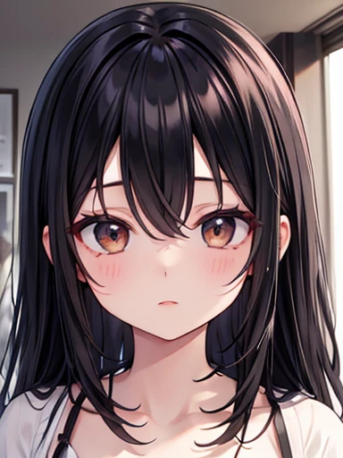 Cute Anime Woman, alone, Mother, 40 years old, Black Hair, Brown eyes, Tarem&#39;s eyes, Narrow eyes, Moles around the eyes, Mole on chest, Crossed bangs, Medium Hair, Shaggy hair, Eyebrow hair, Glamour, whole body, Detailed anime style, anime painting, Anime Face, high quality, Attention to detail, Ultra-high resolution, Sharpness, Sharp contours, Perfect Anatomy, Golden Ratio, Cowboy Shot, Denim pants, smile, Sweat, Crowded train, Sweaty skin, Sleeveless knit sweater, Open your mouth, Half an eye, 