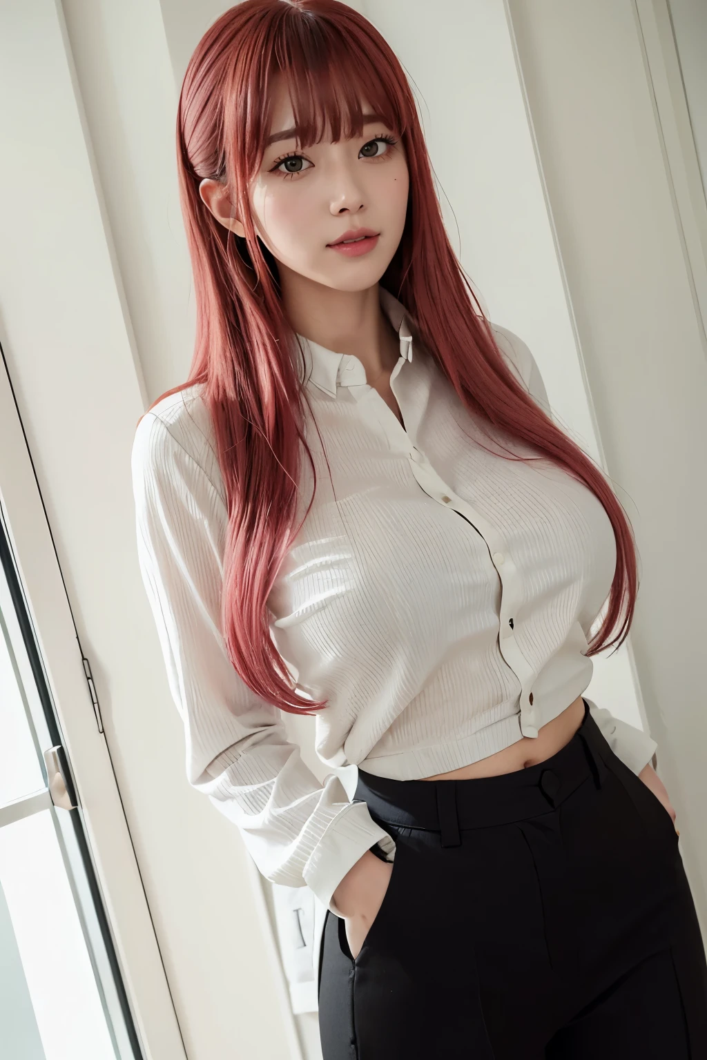 Highest quality、Ultra-high resolution、RAW shooting、Professional Lighting、Detailed Background、coastal、Full Body、Makima、25-year-old female、(High tone cherry pink hair)+(Long Hair)+(bangs)、(Yellow Eyes)、White see-through shirt,(Black trousers:1.5)、Huge breasts that look like they might burst、Modest abdominal muscles、Big Ass、Big thighs、A sloppy smile、Close your mouth、(Sweaty skin)、