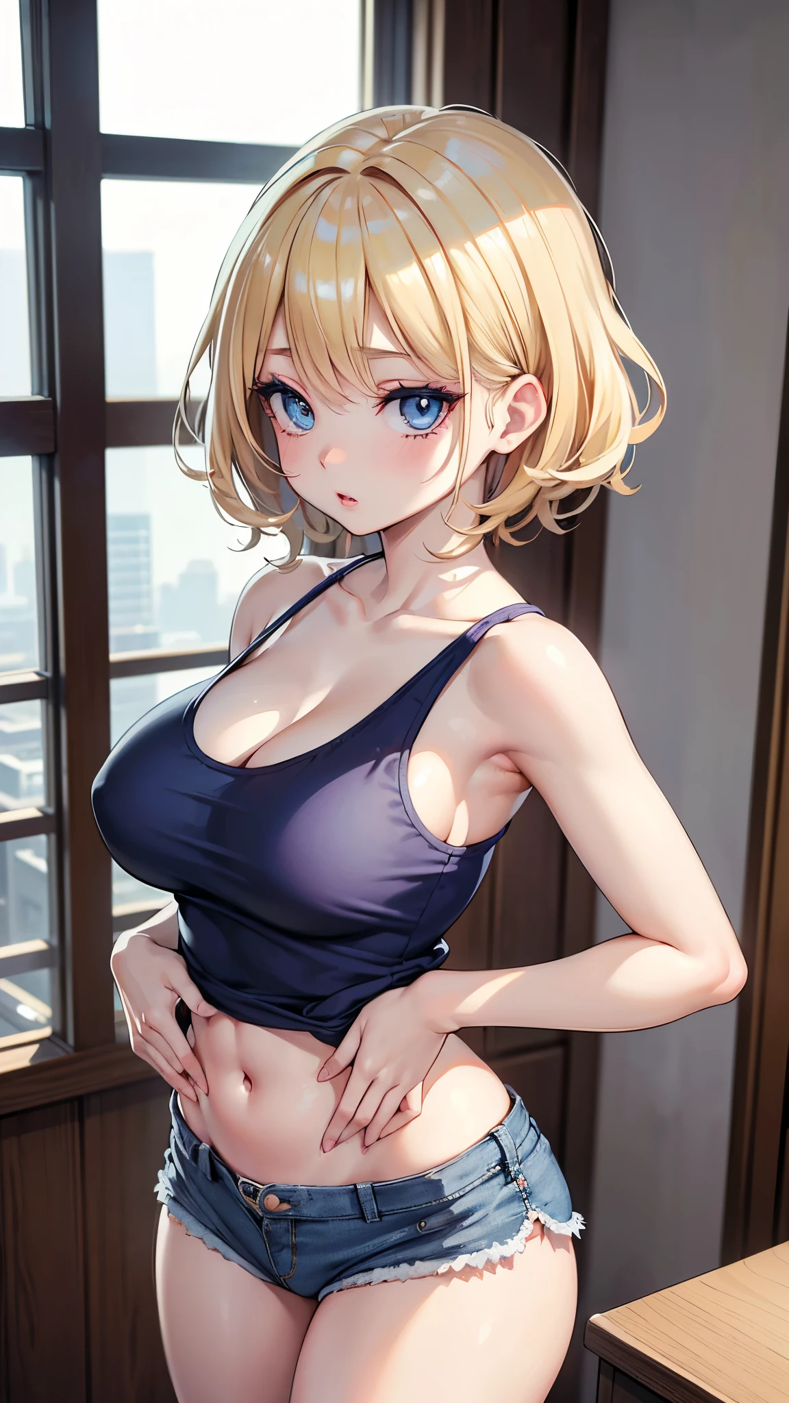 (masterpiece, 最high quality, 超High resolution, Very detailed), (Realistic:1.1, photoRealistic:1.4), Perfect illustration, Perfect lighting,Hair in perfect detail, Perfect and detailed face, Perfect collarbone, Perfect body,Juicy breasts, Perfect Thighs, Beautiful feet, View your viewers, 1 Girl,Perfect Face, (Perfect Anatomy, Anatomically correct), Symmetrical face、((Shiny Hair)),Sexy Body、(masterpiece),(最high quality:1.3),8k,Very clear,(Ultra-realistic),,Captivating woman,(high quality, High resolution, Fine details), Realisticなスタイルの女性,Juicy breasts、One perfect woman、Perfect Face、Symmetrical face、、((Large Breasts))、Cleavage、belly button、blush、((Juicy lips))、Cowboy Shot、((Short Blonde Hair))、((Big double blue eyes、Long eyelashes))、((Red makeup))、(((Micro Tank Top)))、(((Micro Shorts)))、(indoor、View of the city from the large window)