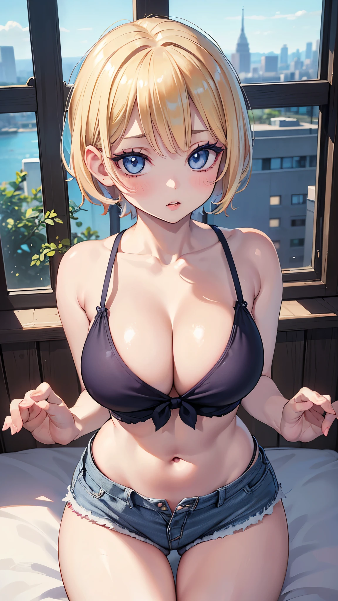 (masterpiece, 最high quality, 超High resolution, Very detailed), (Realistic:1.1, photoRealistic:1.4), Perfect illustration, Perfect lighting,Hair in perfect detail, Perfect and detailed face, Perfect collarbone, Perfect body,Juicy breasts, Perfect Thighs, Beautiful feet, View your viewers, 1 Girl,Perfect Face, (Perfect Anatomy, Anatomically correct), Symmetrical face、((Shiny Hair)),Sexy Body、(masterpiece),(最high quality:1.3),8k,Very clear,(Ultra-realistic),,Captivating woman,(high quality, High resolution, Fine details), Realisticなスタイルの女性,Juicy breasts、One perfect woman、Perfect Face、Symmetrical face、、((Large Breasts))、Cleavage、belly button、blush、((Juicy lips))、Cowboy Shot、((Short Blonde Hair))、((Big double blue eyes、Long eyelashes))、((Red makeup))、(((Micro Tank Top)))、(((Micro Shorts)))、(indoor、View of the city from the large window)