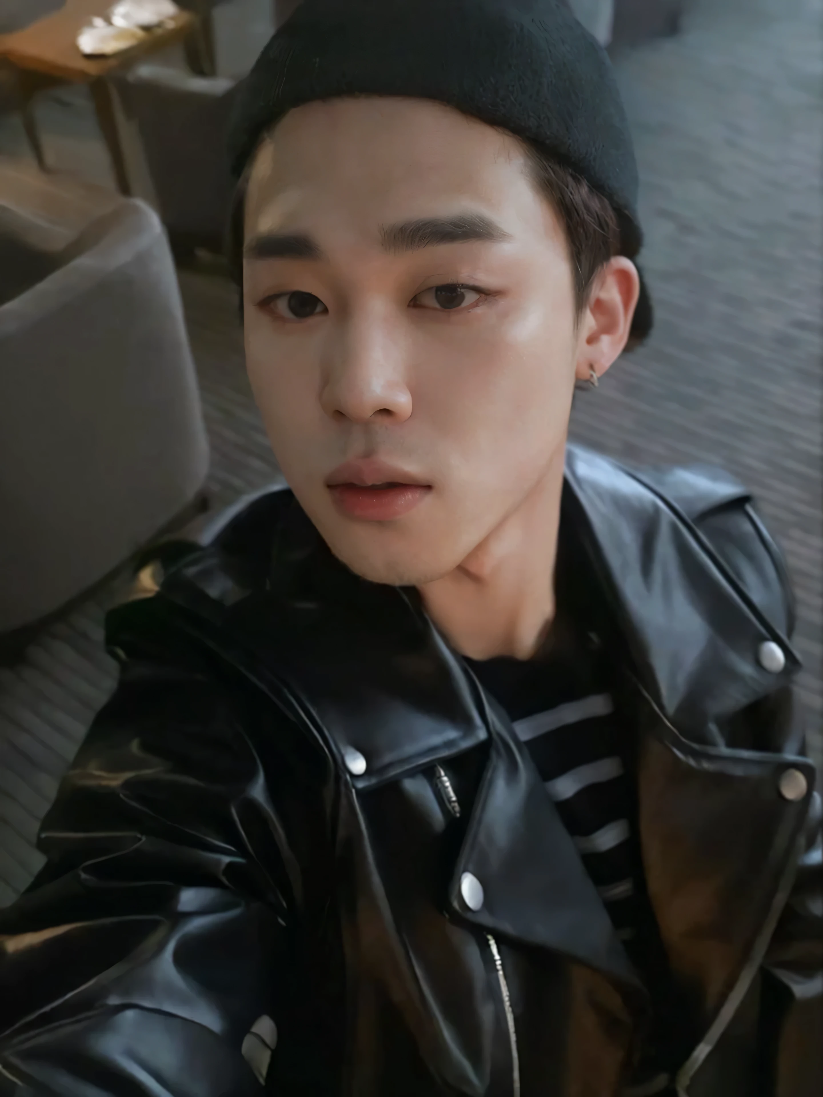 a close up of a person wearing a leather jacket and a hat, hong june hyung, park jimin, hyung tae, portrait of kpop idol, wan adorable korean face, jimin, jimin\'s plump lips, taejune kim, key still, hsiao-ron, inspired by jeonseok lee, portrait of jossi of blackpink, korean artist