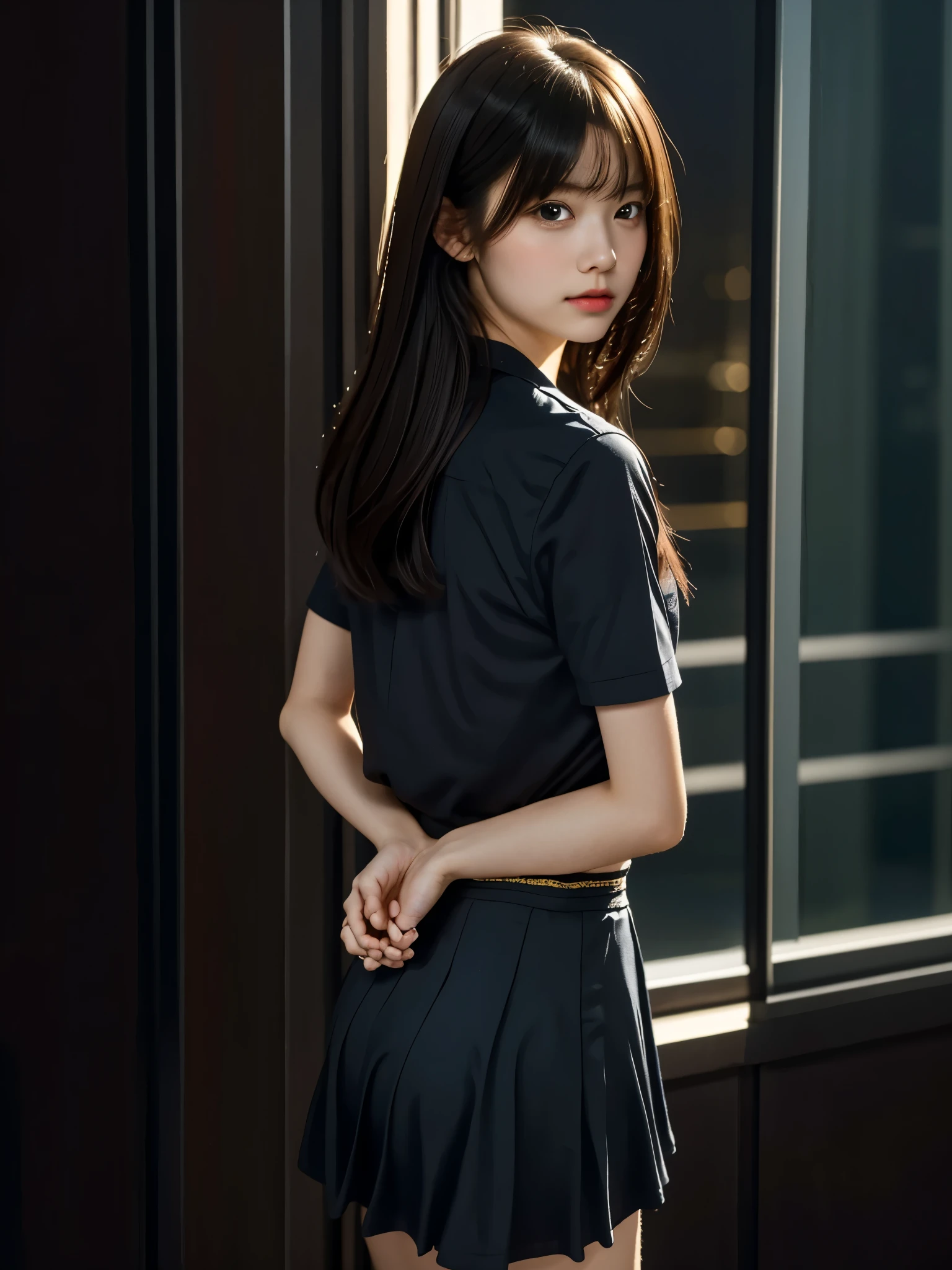 Kidnapped Woman、His hands are tied、((Place your hands behind your back))、((Place your hands together and cross them behind your back))、(((Her wrists are tied with rope)))、shibari、Beauty、20age、university student、(anatomicaly, Has two arms and two hands)、In a hotel room with the lights on、Stand by the window、Outside the window is the night sky、There are many stars、Wearing a short-sleeved blouse、Wear a high school student-style miniskirt、Uniform eyes、Proportioned proportions、Small breasts、Small face、(I can see from head to heel), Black Hair, bangs, swept bangs, Straight hair, Nervous, Messy Hair, Floating hair, Cinema Lighting, tachi-e, First-person view, throw, From behind, F/1.2, Nikon, Surrealism, 超High resolution, Highest quality, High resolution, 8k, Textured skin, anatomicaly正しい体,