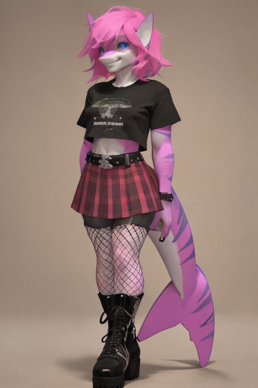 female, black and pink spiky hair, blue eyes, pink skin, mako shark, (((1girl))), (((black cropped t-shirt))), (red and pink plaid skirt), (black studded belt), (fishnet shirt), (black punk boots), (fishnet stockings), cute and sexy, full body, modest breasts, big butt, long legs, smiling, shark tail