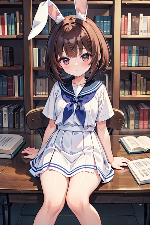 (masterpiece,best quality,ultra-detailed), an anime rex mini rabbit girl who is 13 years old all-girls school school girl and a student council president, tsundere and smart. She has chocolate colored bob-cut short hair, bronze triangle eyes, rex mini rabbit ears and tail, petite body shape, loli curves, wearing sailor suit uniform, sitting in the library reading a book with a tsundere eyes and smart face