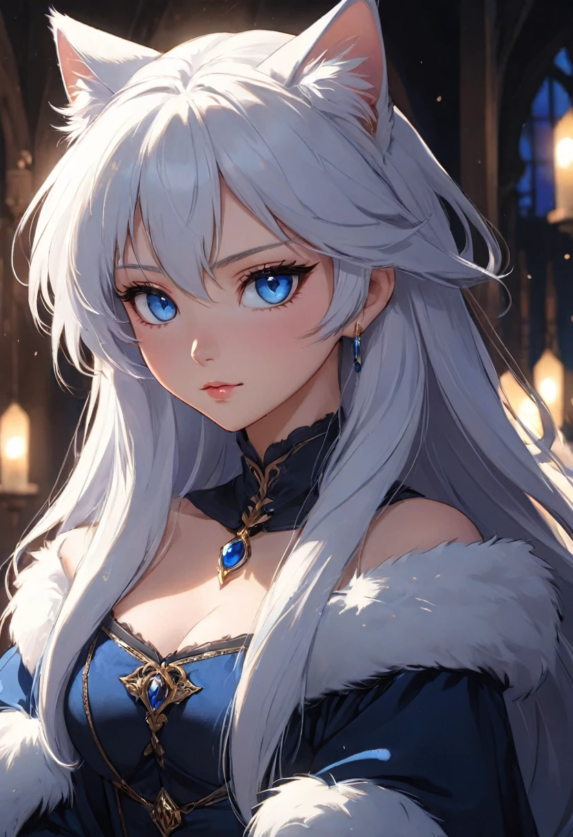 90s anime, velues, white fur, feline, blue eyesultra cute face, provocative look, black medieval clothing, long hair, beautiful lights and shadows, ambient light, ultra detailed skin, Volumetric Light