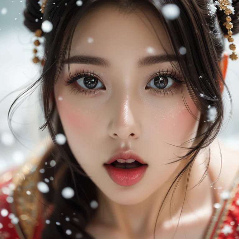 ExtremelyDetailed Kawaii girl Face (Close-up KissableTongue (Kissing to Camera)) glossy lips with beautiful details, Detailed Hair Flow, extremely delicate and beautiful (TopQuality Masterpiece of 8K Ultra-detailed(ProfessionalPhoto:1.37)), {Amazing|finely detail|official art|incredibly absurdres} (close-up:1.22), fish eye lens (wide lens) macro lens, Detailed reflective Eyes with (sparkling highlights:1.28) Detailed(Voluminous LongEyelashes:0.88), {from Above|Visible Uvula|String of saliva drip}, (Off shoulder:1.32), (snow on tongue:1.28) snow particles
