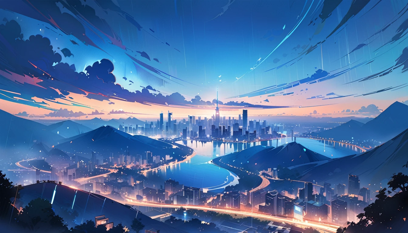 ph blue, scenery, No humans, landscape, (masterpiece,Highest quality:1.4), Blue Theme, city, evening, One girl, rain,Cowboy Shot, close,