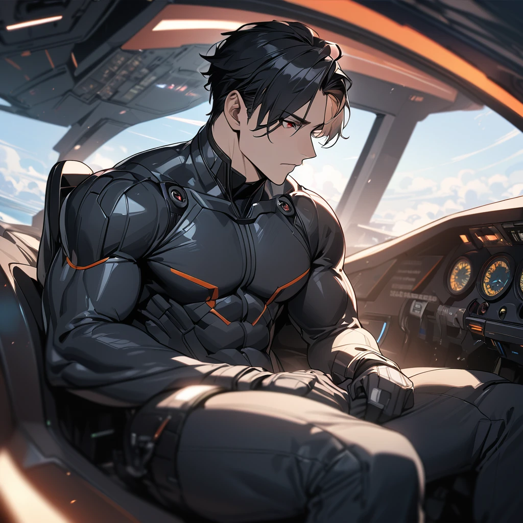 masterpiece, high quality, 8K, ultra res, extremely detailed,, stunning 8K HDR. A futuristic fighter pilot, a 30-year-old muscular man with short black hair and red eyes, sits in the cockpit. He's expressionless, wearing a sleek black wetsuit that covering his entire body from the jaw down, The suit is so tight you can see the outline of his muscles.