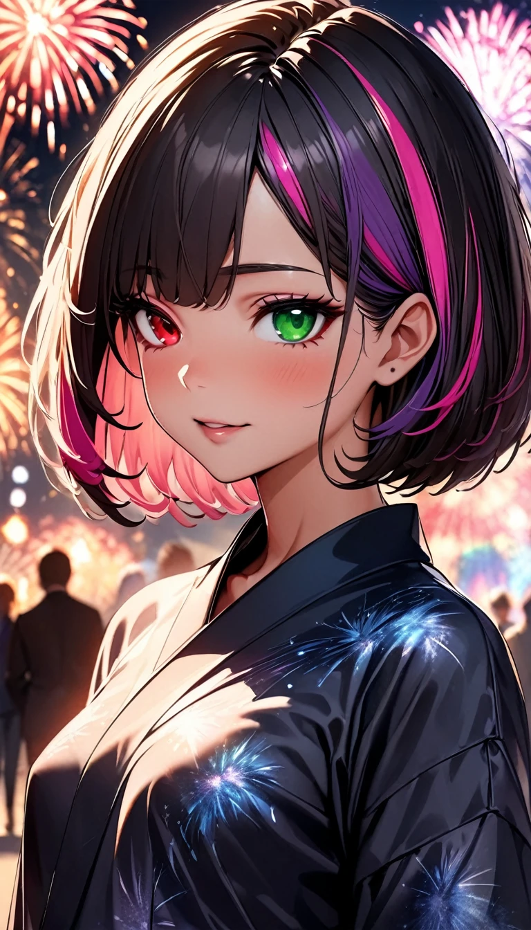(highest quality:1.2, Very detailed, up to date, Vibrant, Ultra-high resolution, High Contrast, masterpiece:1.2, highest quality, Best aesthetics), Portraiture、girl、solo, (25-years-old:1), slim, , heterrochromia, green eye, red eye, (traditional yukata:1), Bright colors、Beautiful fine details、Beautiful lip detail、extra short hair, ((bob cut:1.5))、pink and purple, ((streaked hair:1.9)), (highlights hair: 1.6), (small breast:1.3), (tan skin:0.7), There is a galaxy in the dark night sky, (Splendid fireworks bloom in the dark night sky),(Masterpiece fireworks),(Colorful fireworks explode in the sky), Fireworks large and small, cowboy shot:1